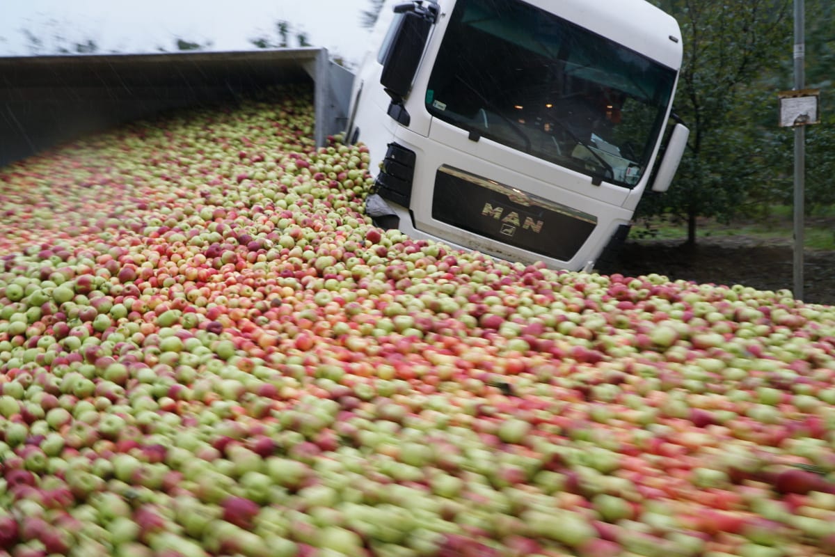 tony jabłek na drodze